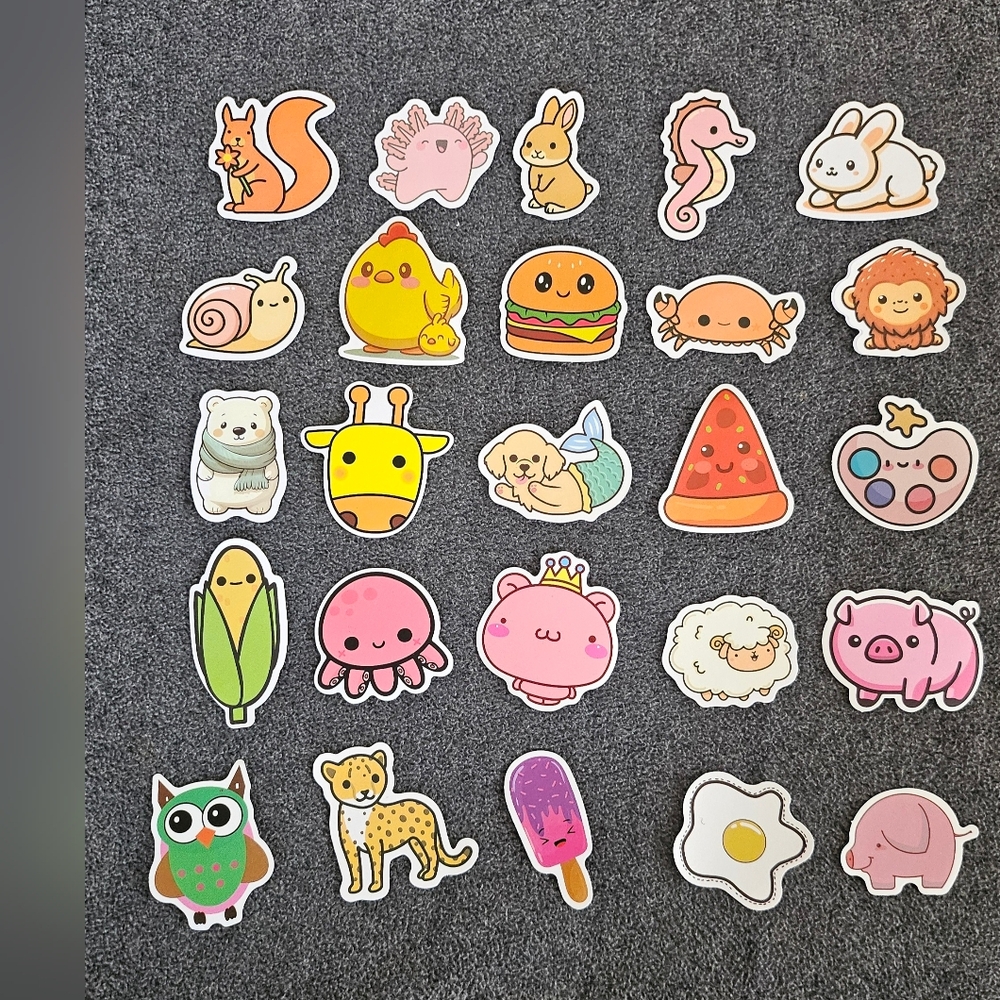 Cute animals and food themed stickers. Journaling stationary, diary, 25pc